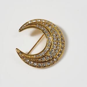 Vintage Joan Rivers Gold Tone Rhinestone Crescent Moon Pin Brooch